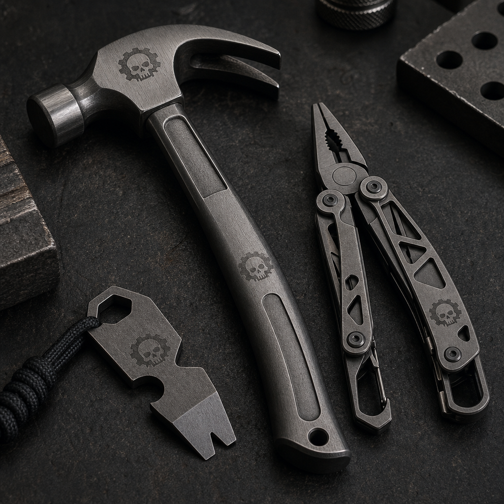 Set of dark graphite tools with subtle laser-etched branding on metal surfaces