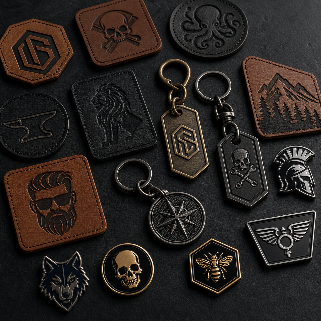 Collection of leather patches, metal keychains, and enamel badges with embossed logos