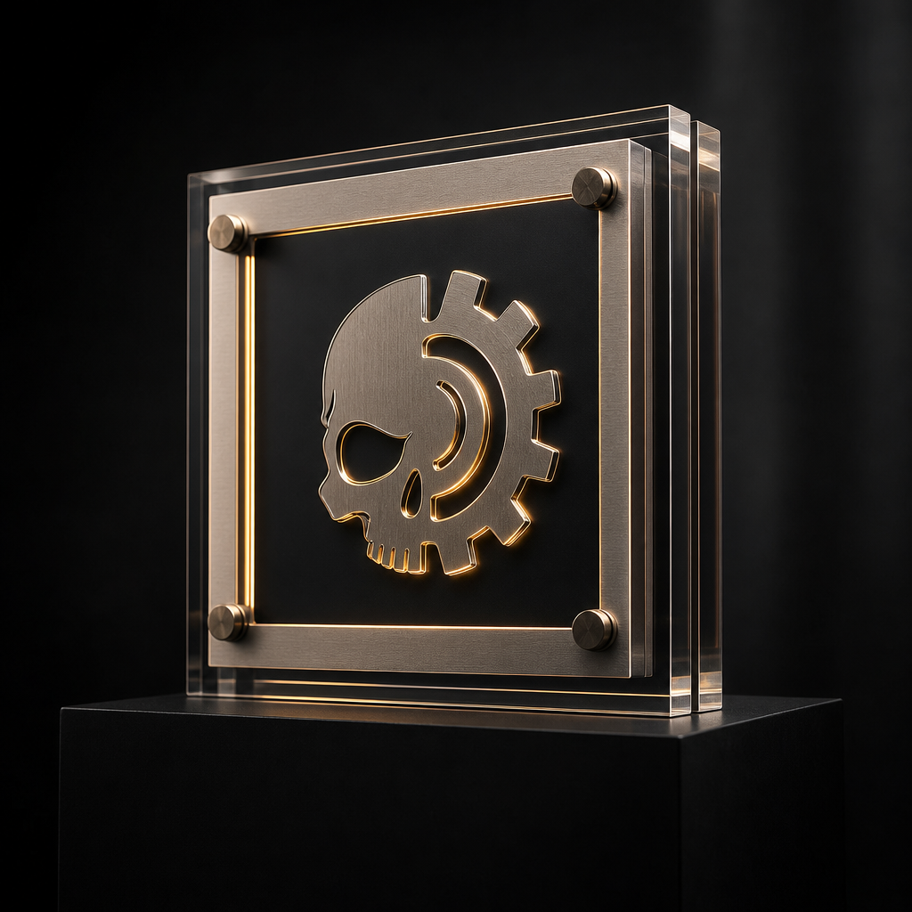 Layered acrylic and metal display block with illuminated logo center