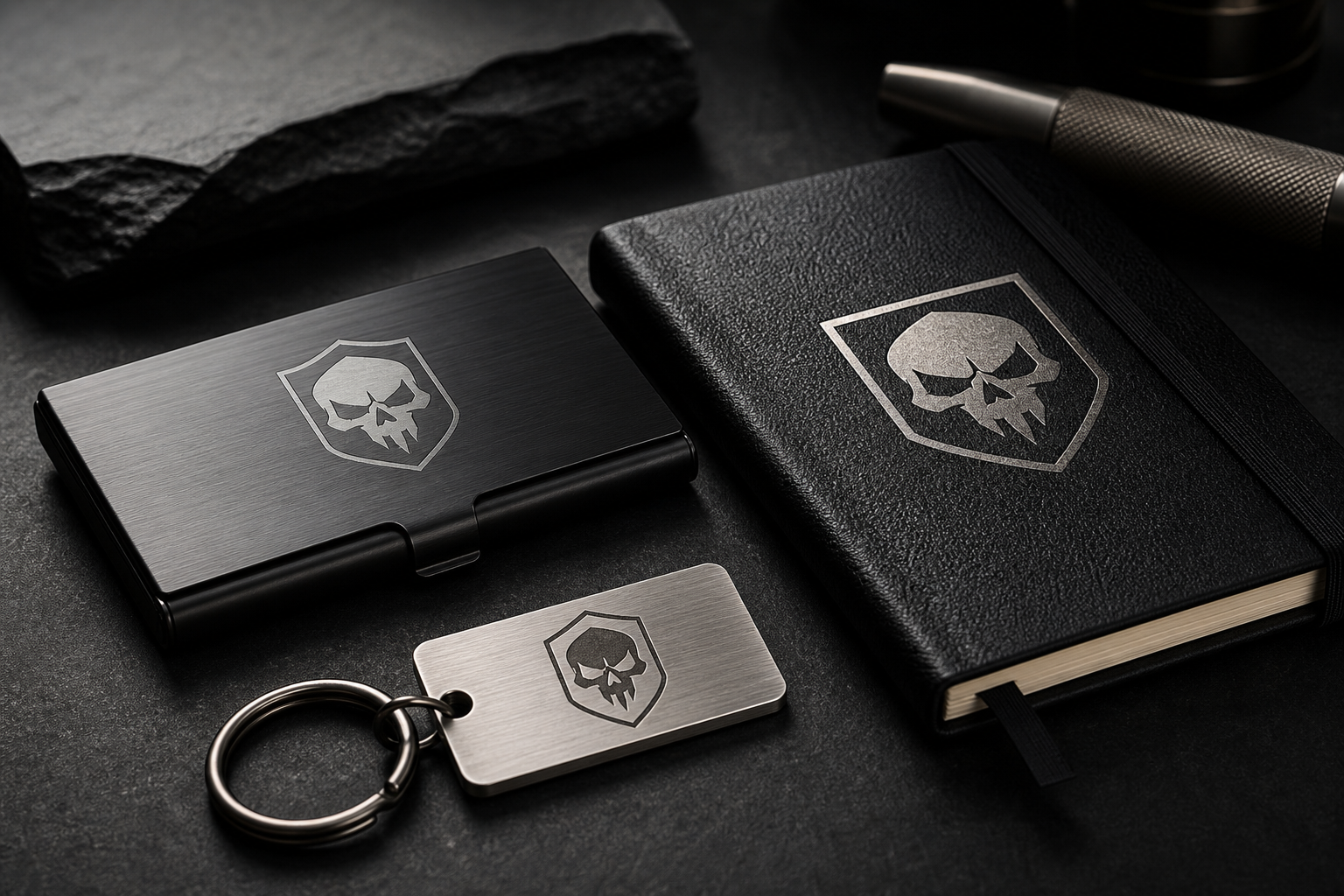 Premium engraved business items on a dark desk, including a matte black metal card case, brushed steel key tag, and textured leather notebook with crisp silver lettering
