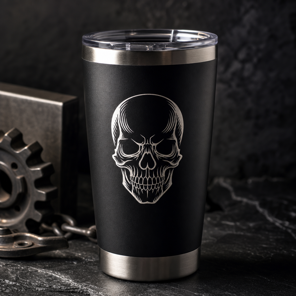 Matte black stainless steel tumbler with precise white skull logo engraving