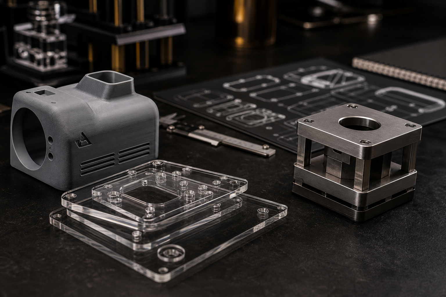 Maker project prototypes including a matte gray 3D-printed housing, precision-cut acrylic layers, and a compact metal assembly on a worktable