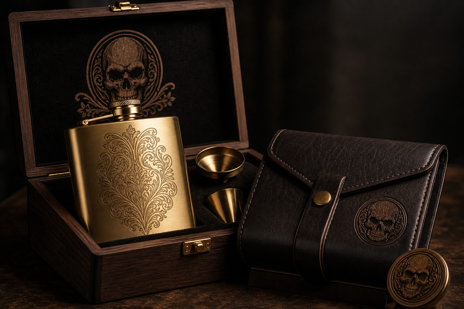 Personalized gift set with a polished brass flask, dark leather case, and engraved wood keepsake box on a softly lit surface