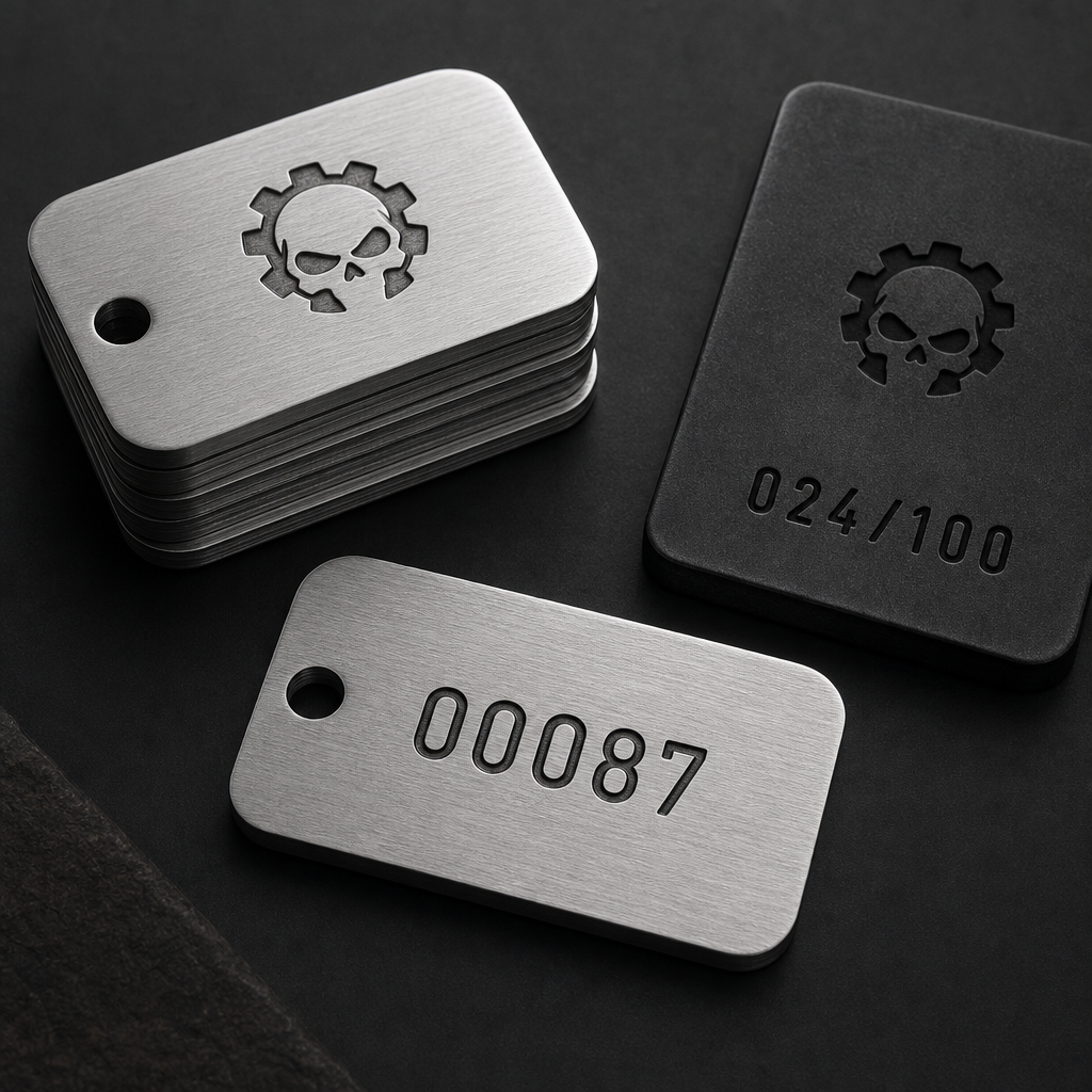 Stack of brushed aluminum tags and a charcoal plaque with engraved serial numbers