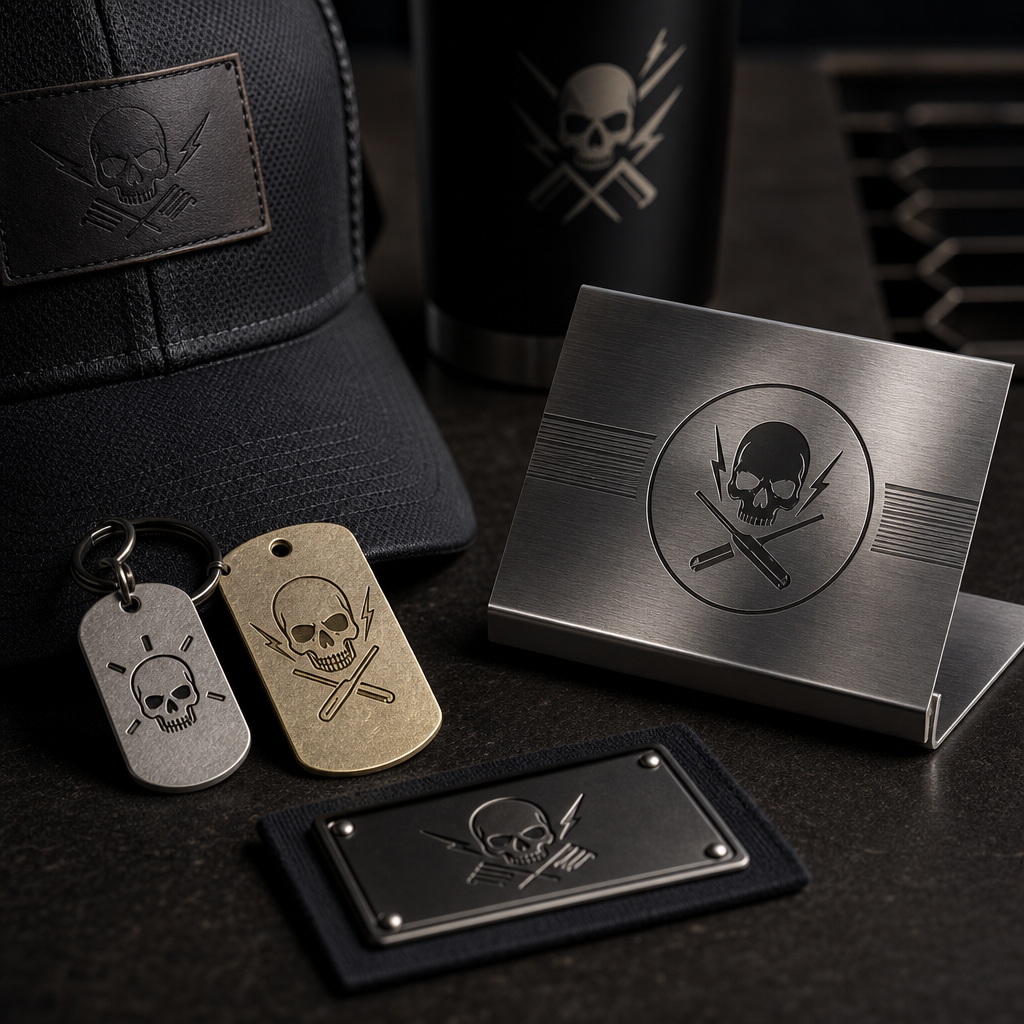 Custom studio branding pieces including engraved metal merch tags, a matte black apparel label plate, and a brushed steel counter display arranged on a dark work surface