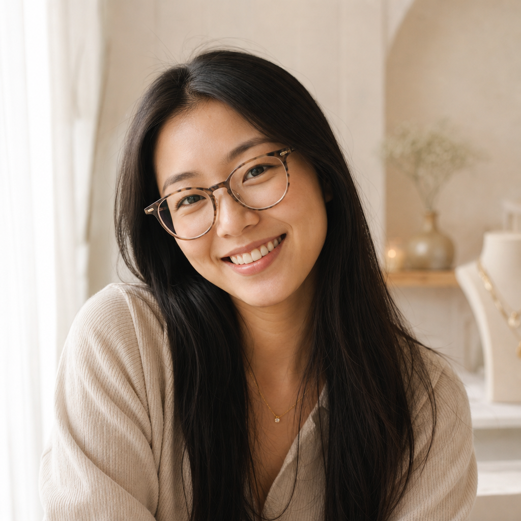 Portrait of Hana, a customer with long straight black hair wearing glasses