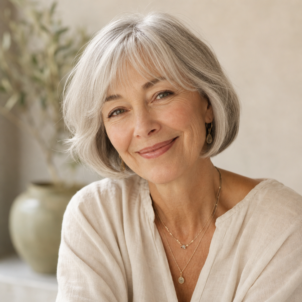 Portrait of Lena, a customer with short silver-gray bob haircut