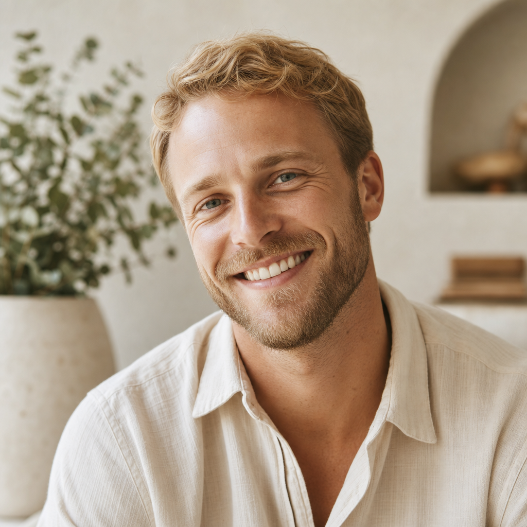Portrait of Oliver, a customer with light beard and short blonde hair