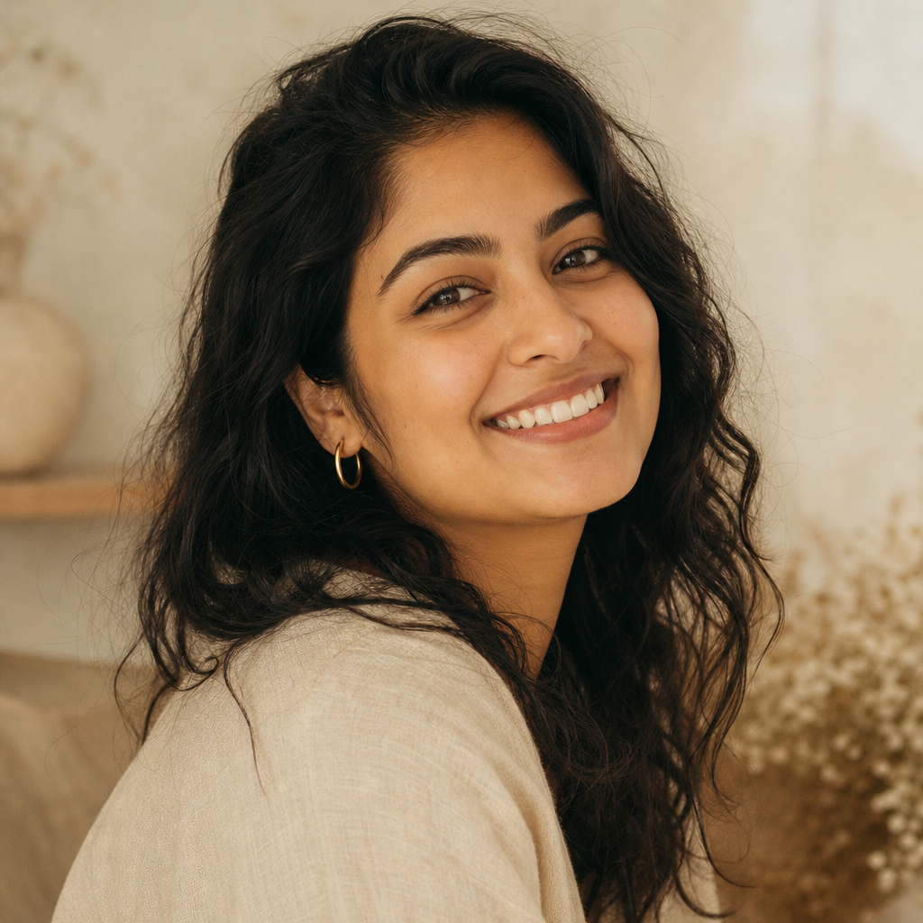 Portrait of Priya, a customer with wavy dark hair and gold hoop earrings