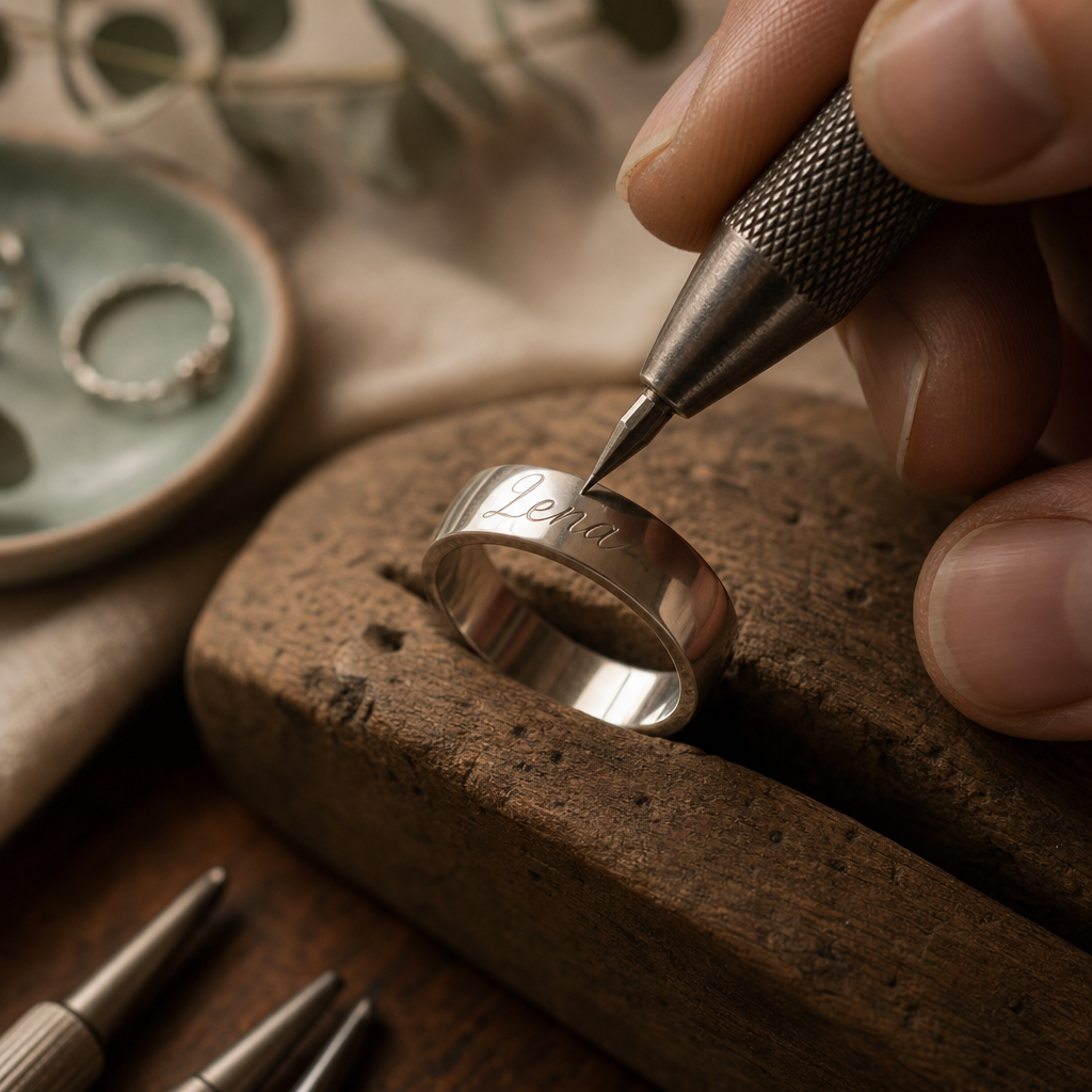 Hand-engraving tool etching a name into a polished silver band on a wooden workbench