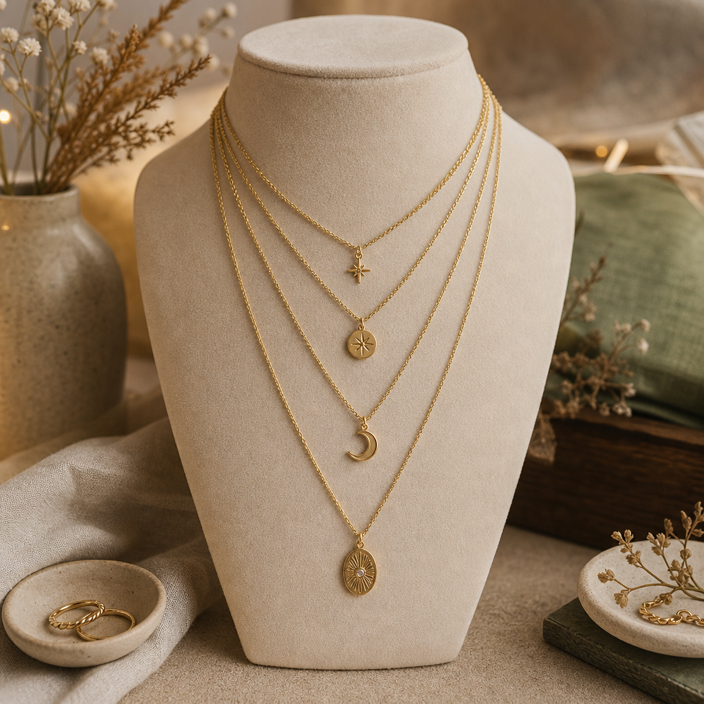 Delicate gold-toned layered necklaces with small charms draped over a velvet stand