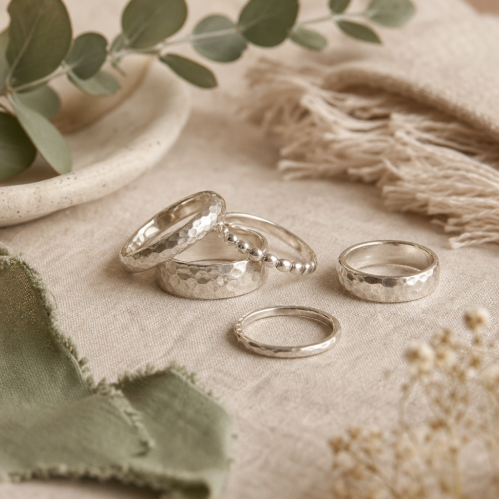 Hand-forged sterling silver rings with hammered texture displayed on a soft linen surface