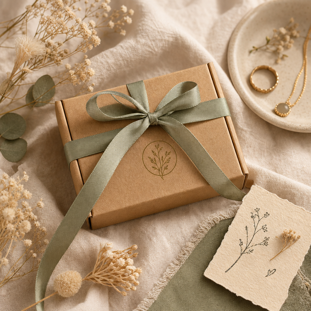 Flat lay of a wrapped jewelry gift box with dried flowers and a handwritten note card, styled on a soft neutral linen backdrop