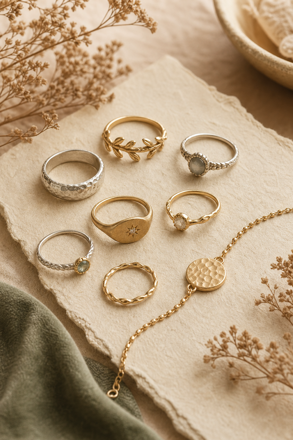 Editorial flat-lay of assorted handcrafted rings and a bracelet arranged on warm textured paper with dried botanical sprigs