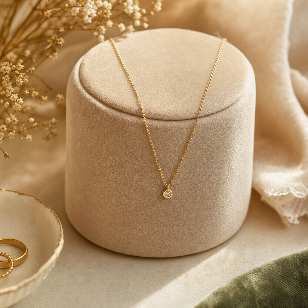 Delicate gold chain necklace with a small pendant draped over a rounded velvet jewelry stand
