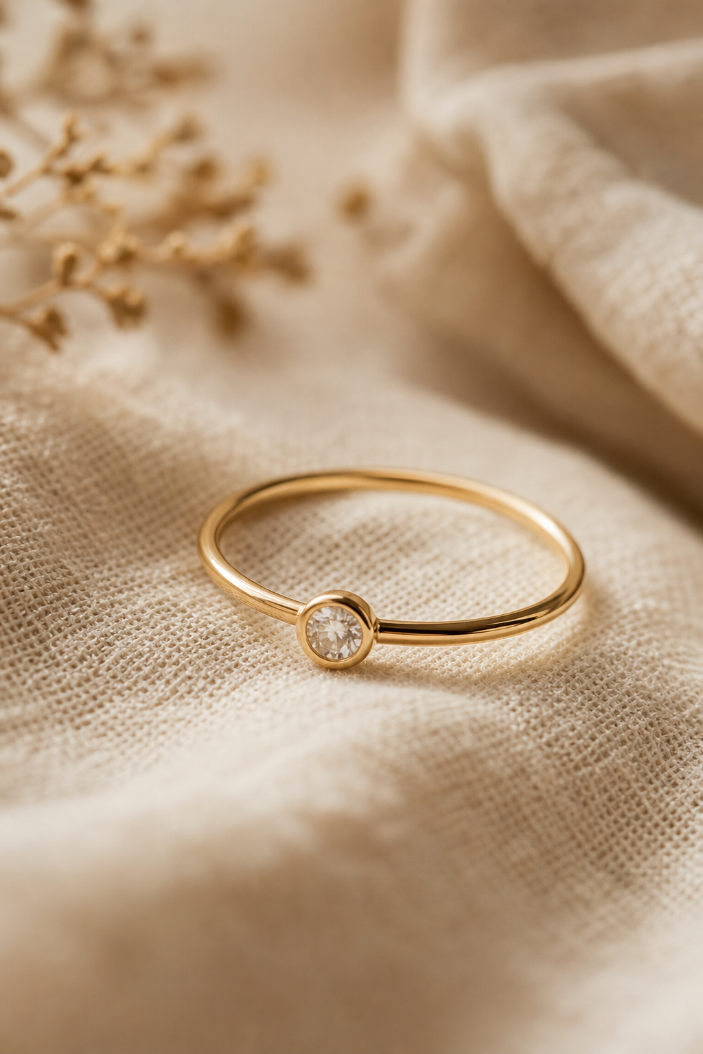 Close-up macro shot of a slender gold ring with a small round gemstone, resting on soft linen fabric
