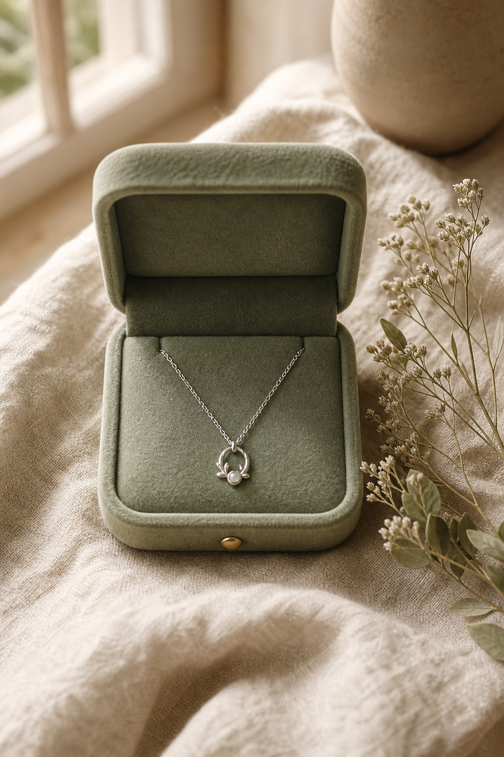 Open sage-green keepsake jewelry box lined with cream velvet, holding a delicate necklace, resting on a linen surface