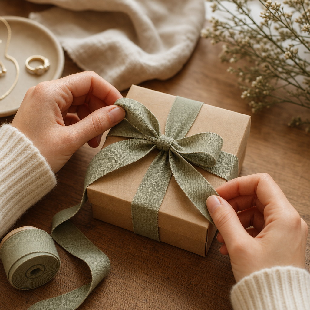 Close-up of hands tying a sage green cotton ribbon around a small kraft gift box on a wooden table