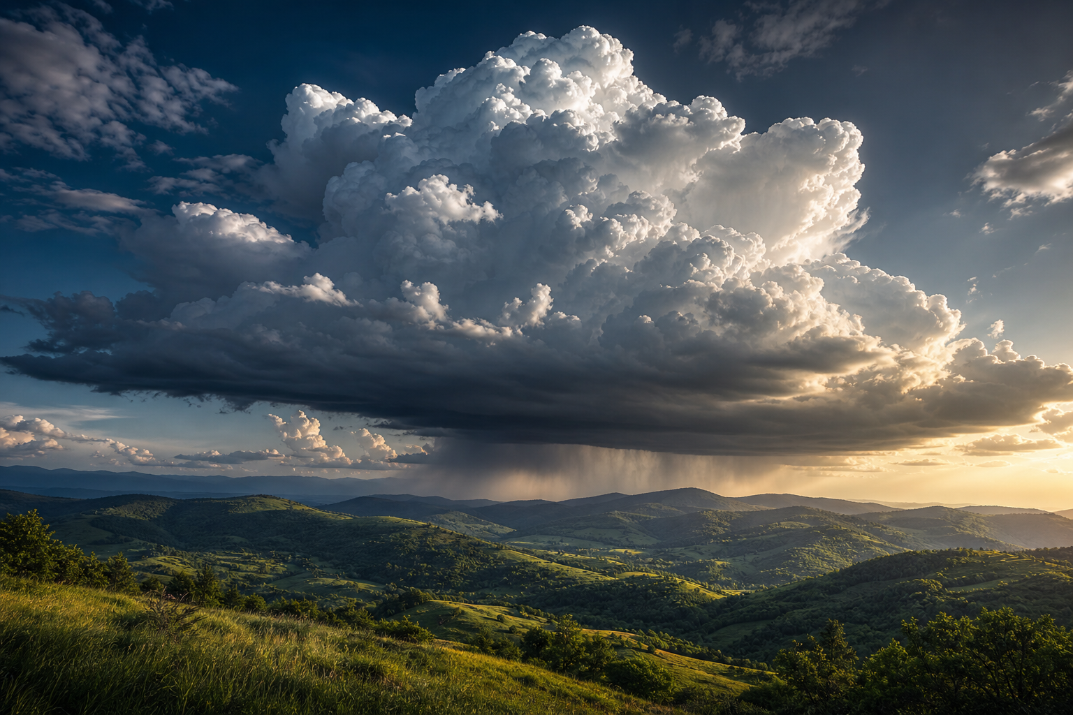 Towering cumulonimbus cloud formation photographed in late afternoon light over rolling hills