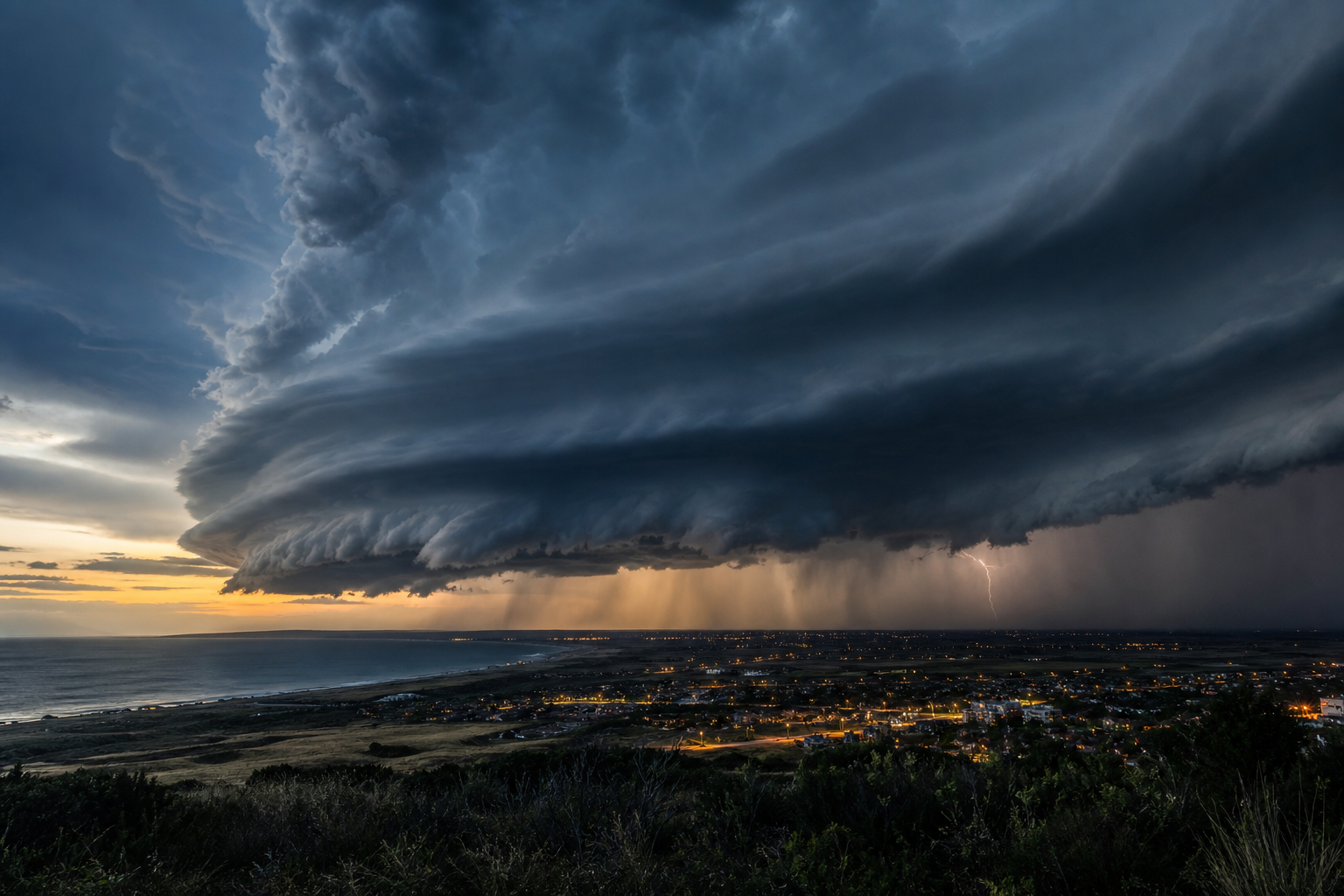 Panoramic storm shelf cloud advancing over a lit coastal plain at twilight with visible rain shafts and dramatic layered clouds