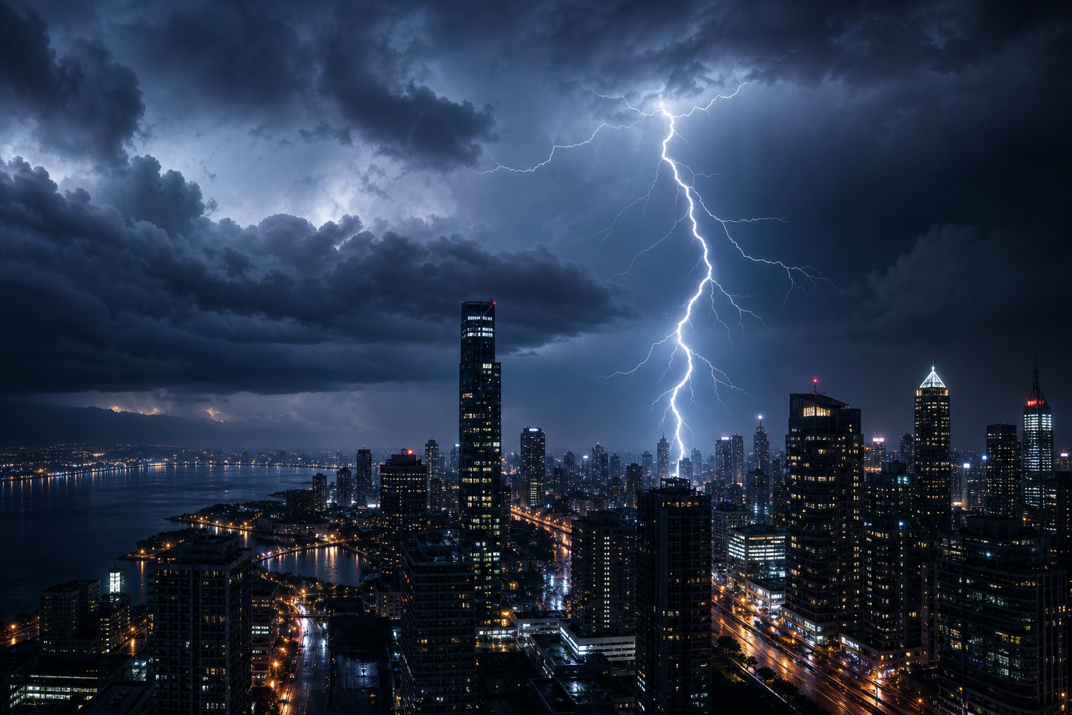 Night lightning strike over a rain-soaked city skyline with layered storm clouds