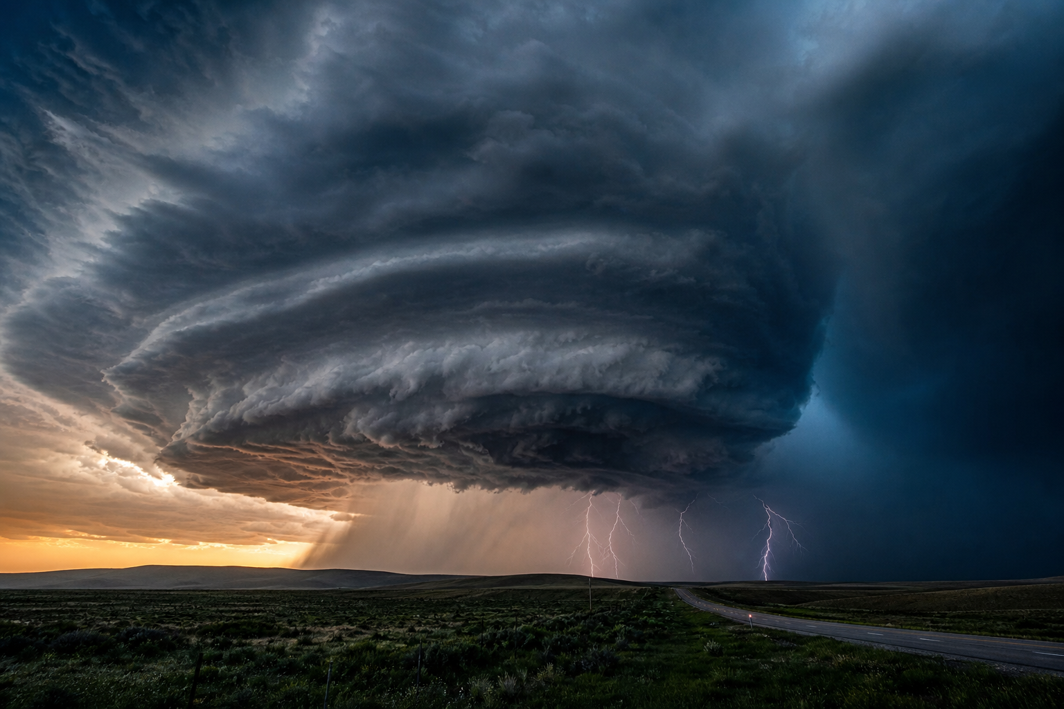 Supercell thunderstorm wall cloud above open plains at dusk with dramatic lightning in the distance