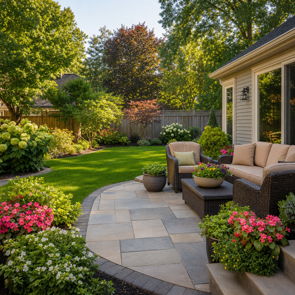 Backyard patio with vibrant green lawn, flowering shrubs, and tidy planters after seasonal cleanup