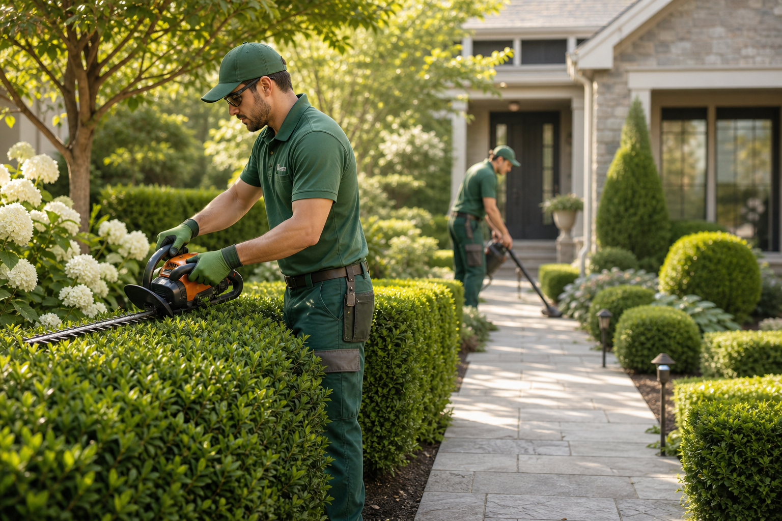 Uniformed garden maintenance team trimming a manicured hedge beside a stone walkway in a residential front yard