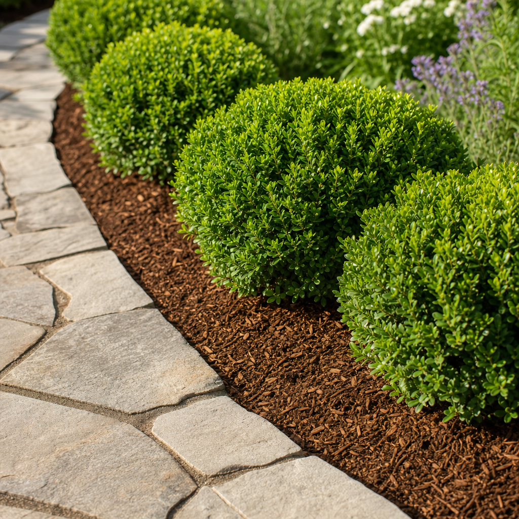 Stone garden path bordered by neat boxwoods and fresh mulch, showing crisp edging and clean lines