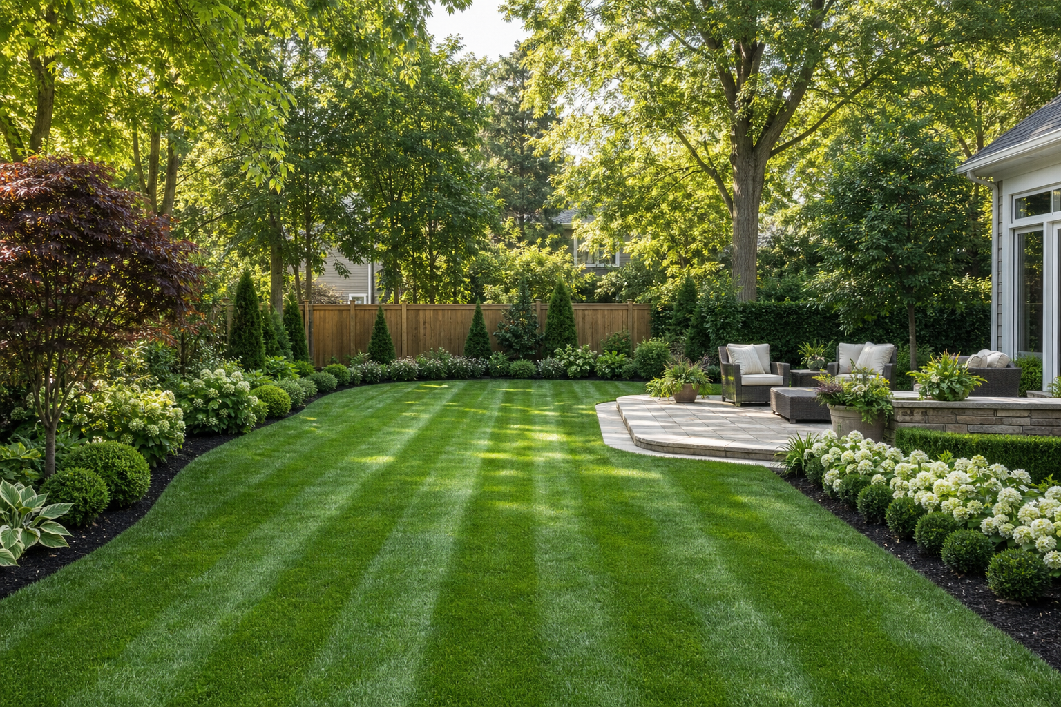 Wide backyard lawn with clean striping, trimmed borders, and a tidy patio surrounded by trees