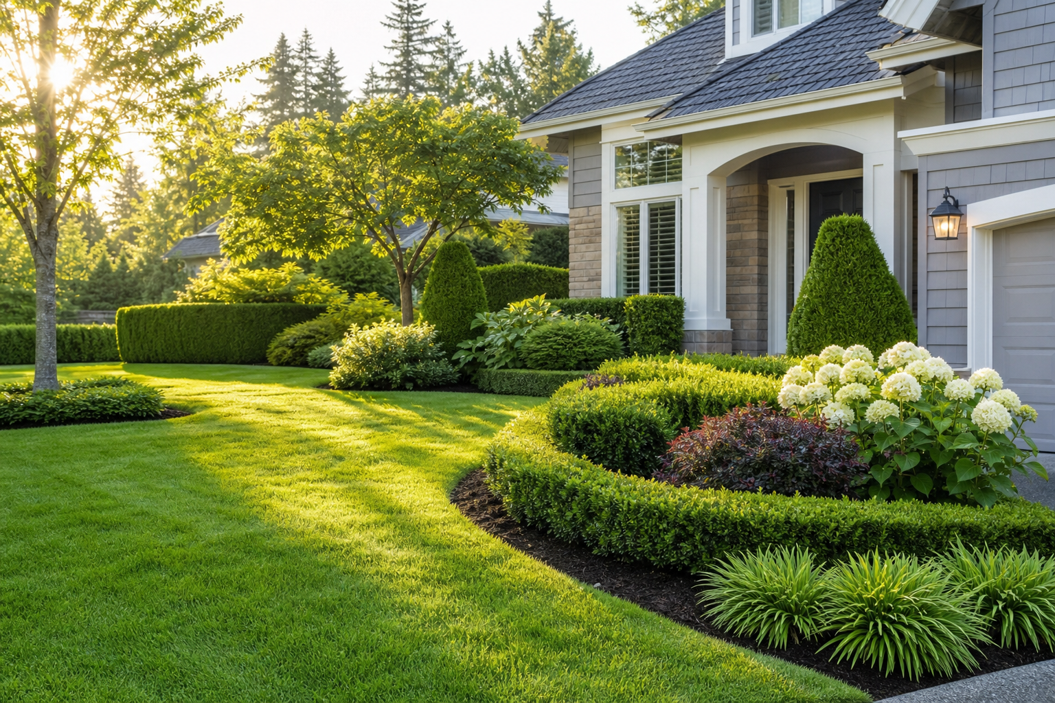Lush front yard with manicured lawn, trimmed hedges, and layered planting beds in soft morning light