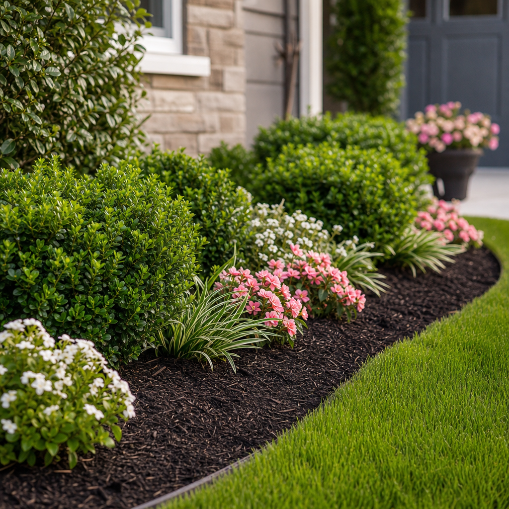 Close view of neatly edged garden beds with fresh mulch, low green shrubs, and seasonal flowering plants