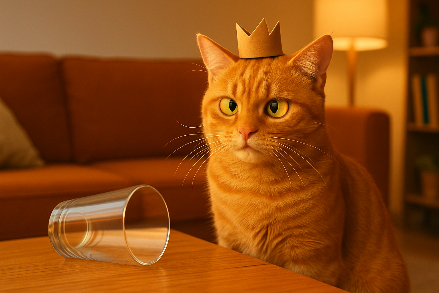 Wide-eyed orange tabby cat in a cozy living room, wearing a tiny paper crown and side-eyeing a knocked-over glass