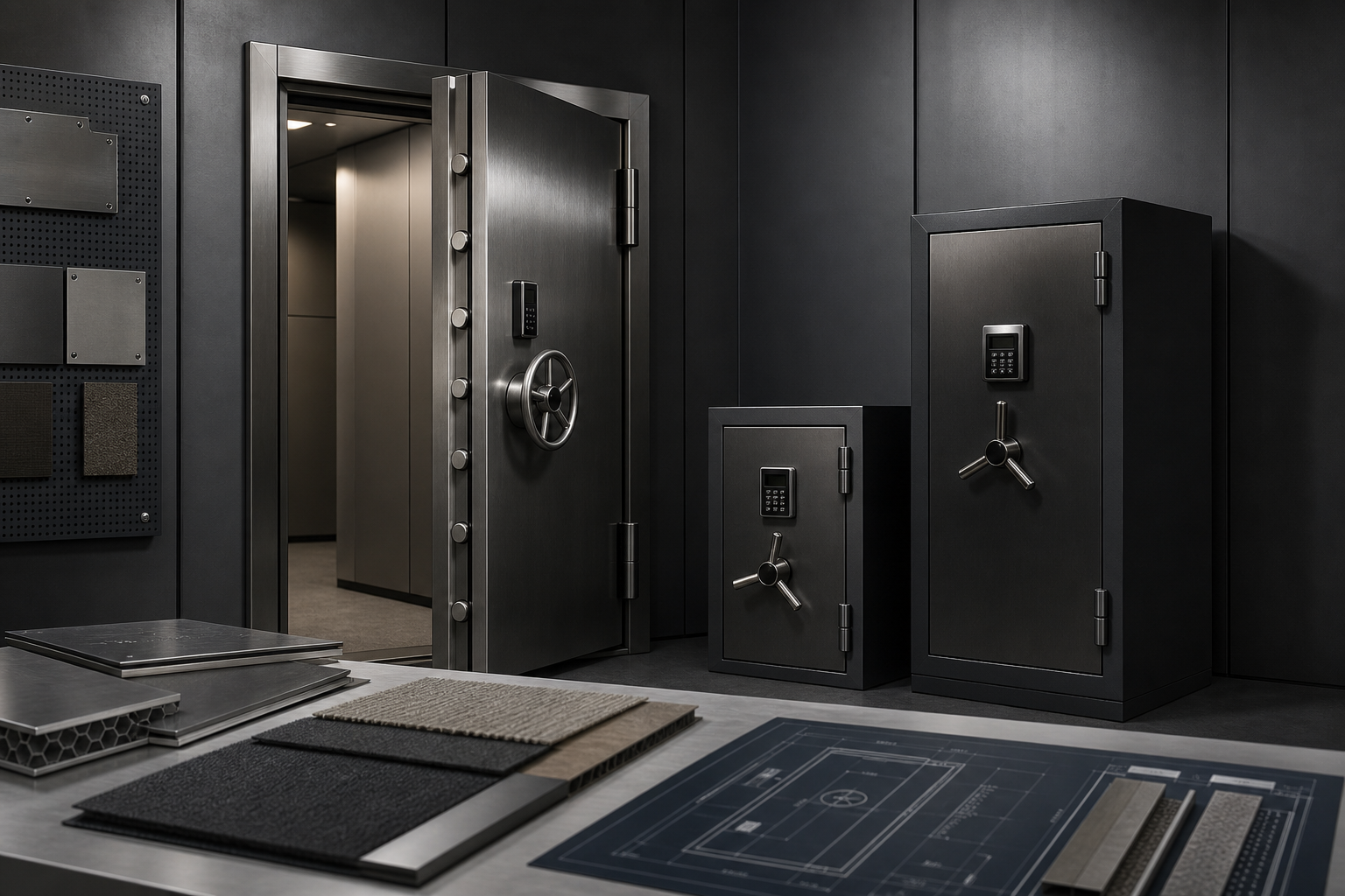 Composición técnica premium de equipos blindados con cajas fuertes, puerta blindada y materiales metálicos en entorno corporativo sobrio