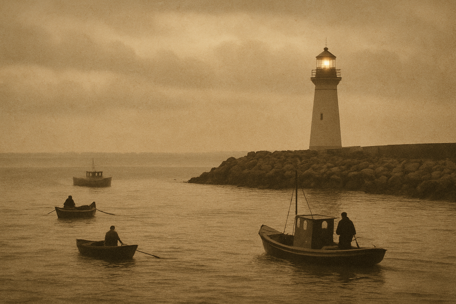 Historic harbor approach with lighthouse beacon guiding small vessels