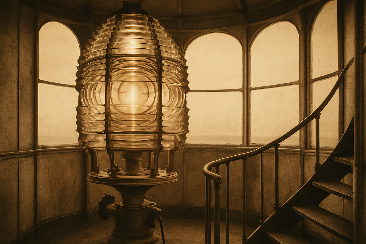 Lantern room interior with Fresnel lens and iron rail details