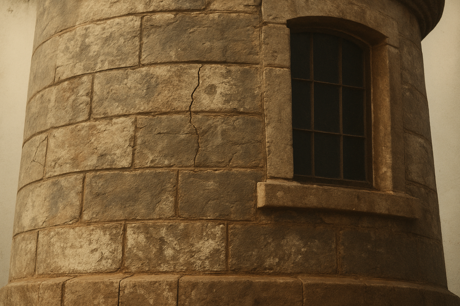 Close archival view of weathered lighthouse masonry with salt wear