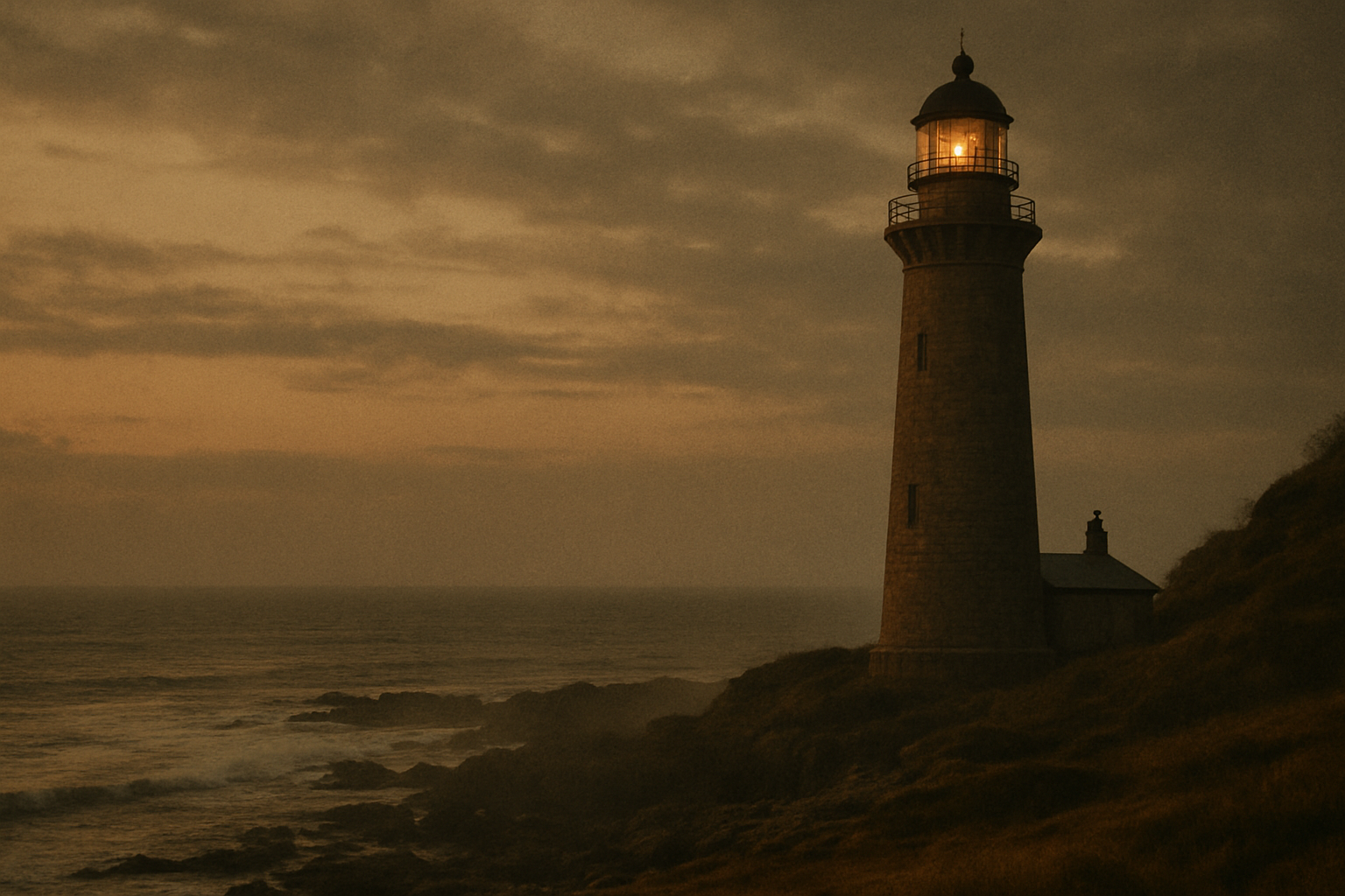 Warm-toned archival view of a tall stone lighthouse on the northern coast at dusk, with layered sea mist, rugged shoreline, and cinematic film-like atmosphere