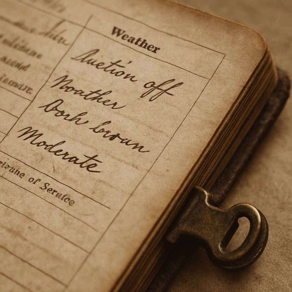 Close archival detail of a weathered keeper logbook corner with sepia paper, fountain pen notes, and a brass page clip