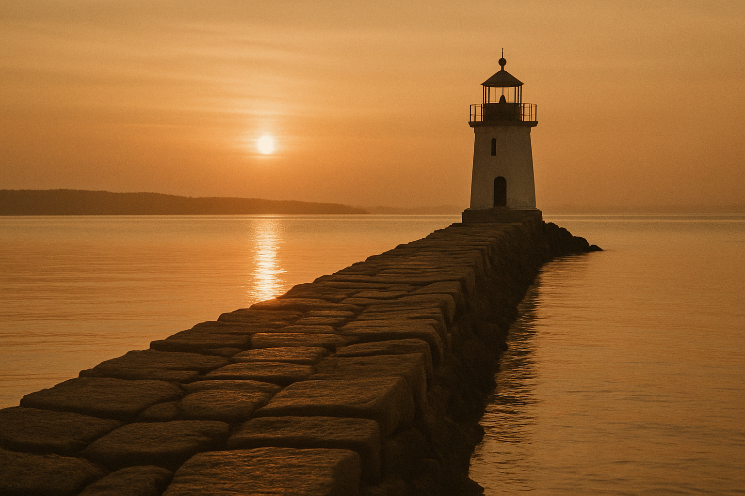 Long breakwater lighthouse at amber sunset with calm water reflecting beacon glow