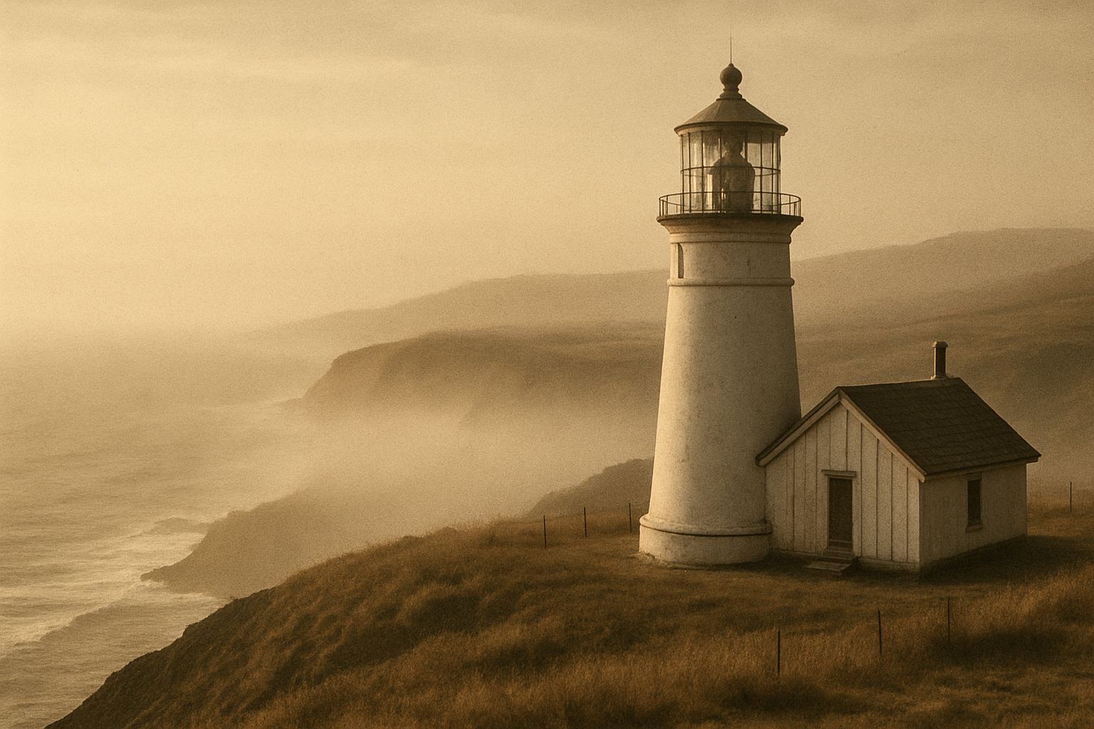 Clifftop station with white tower and signal shed above layered sea mist