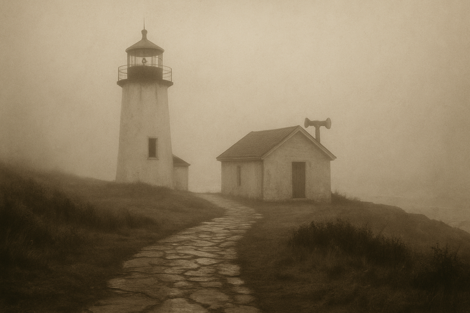 Historic fogbound lighthouse point with horn house and wet stone path