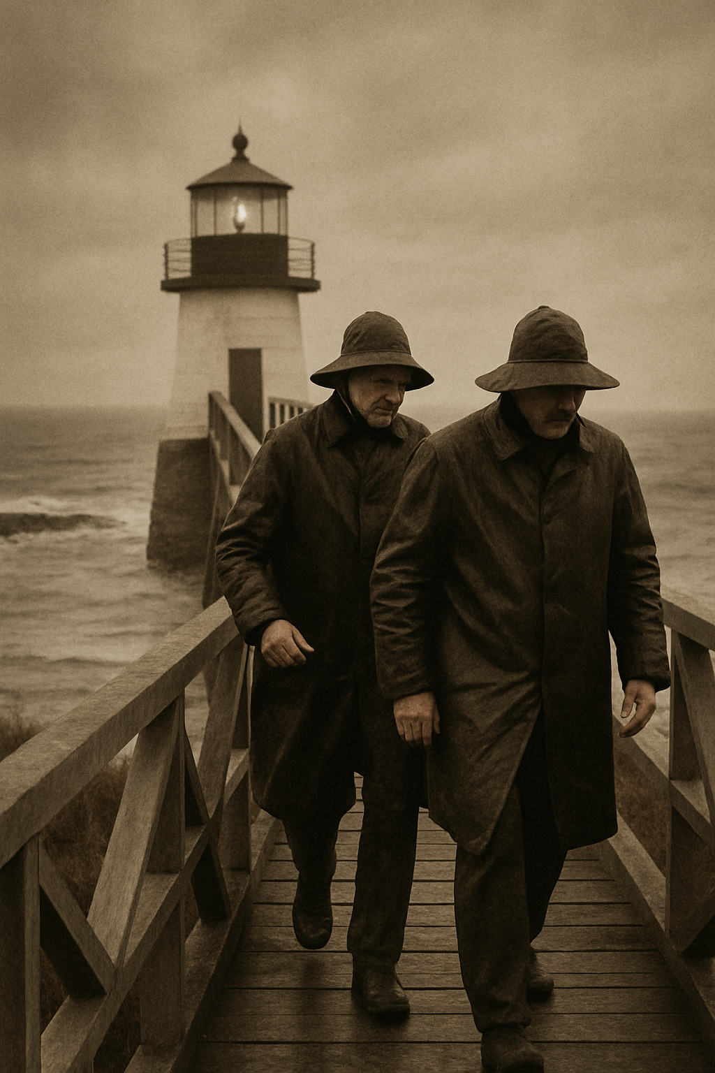 Two keepers in oilskins crossing a timber walkway above dark water