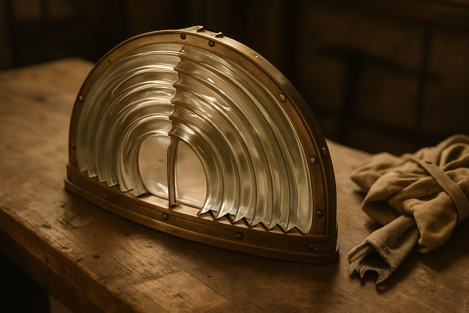 Close archival view of repaired Fresnel lens sections with tool marks and cloth wraps