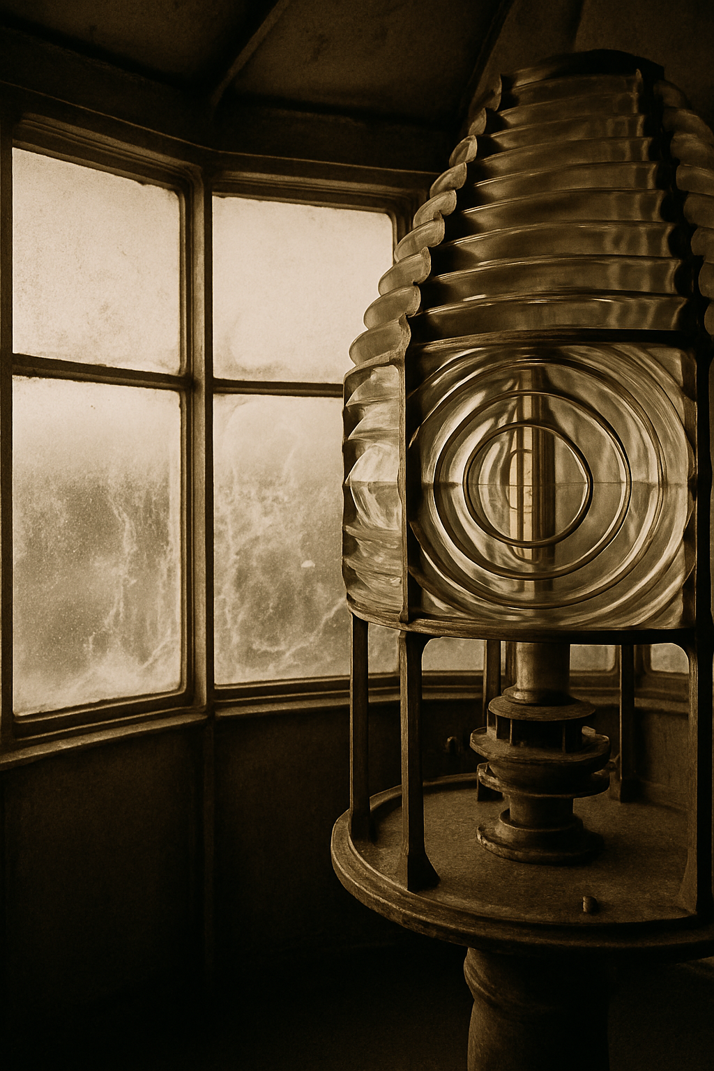 Lantern room interior with frosted panes and brass optics in winter light