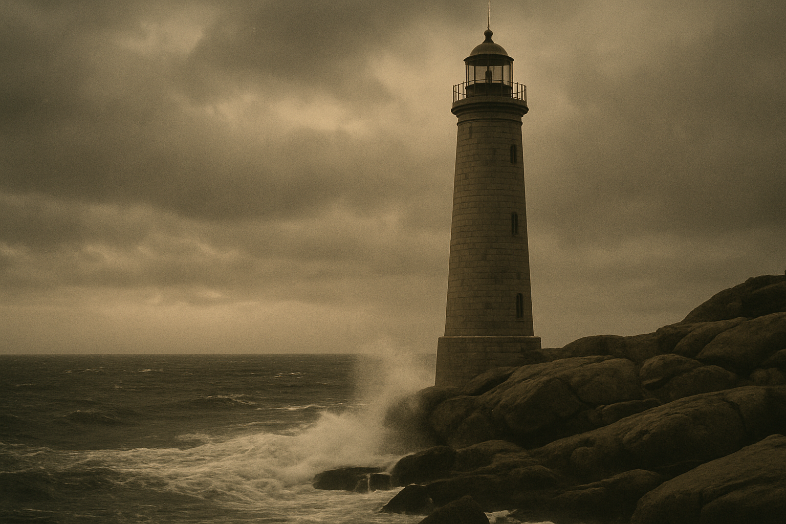 Wide archival view of a granite lighthouse tower facing rough northern surf under low clouds
