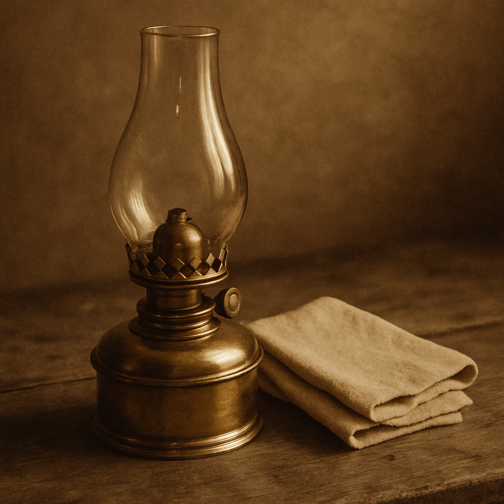 Small archival detail of a polished brass lighthouse oil lamp with a glass chimney and folded cleaning cloth