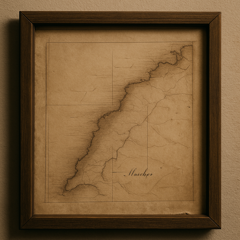 Framed archival map fragment showing hand-drawn coastline lines and faded harbor annotations on tan paper