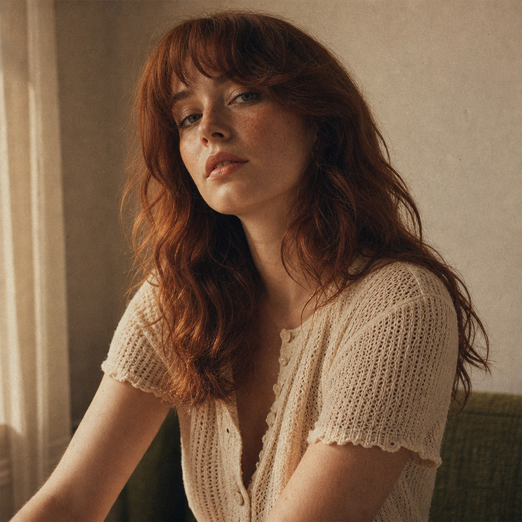 Anya, a warm-toned portrait of a young woman with auburn wavy hair wearing a cream knit top