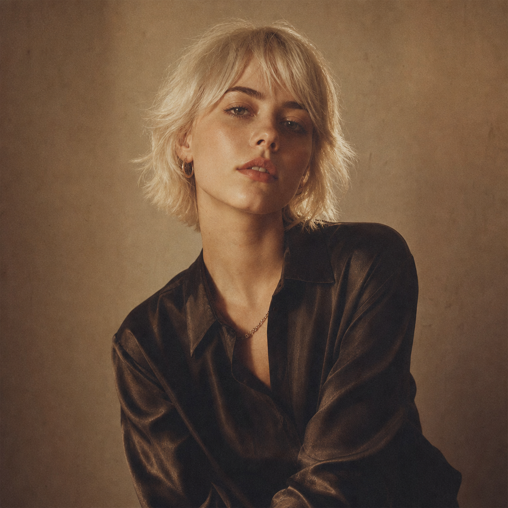 Mira, a portrait of a young woman with short platinum hair wearing a dark silk blouse